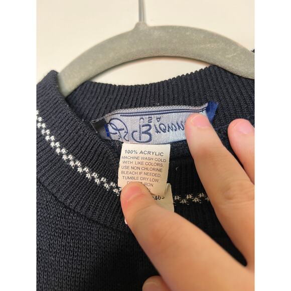 1980s JJ Browne Dusty Blue Navy Checker Striped Boxy Acrylic Mock Neck Sweater M - Picture 3 of 6